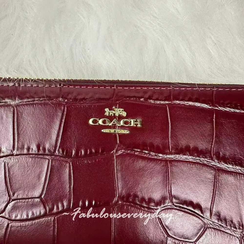 Coach Long Zip Around Wallet In Embossed crocodile/Gold/Dark Wine CT083 NWT
